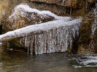 Eisreihe an Ast am Rande einer Bachkaskade